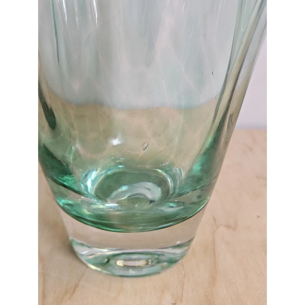 Hand Blown Art Glass Vase Clear Green Striped Ruffled Rim 7 Inch Decorative